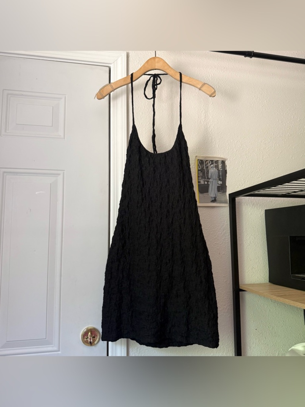 TROIS black knit halter neck sleeveless backless textured‎ crinkle mini dress